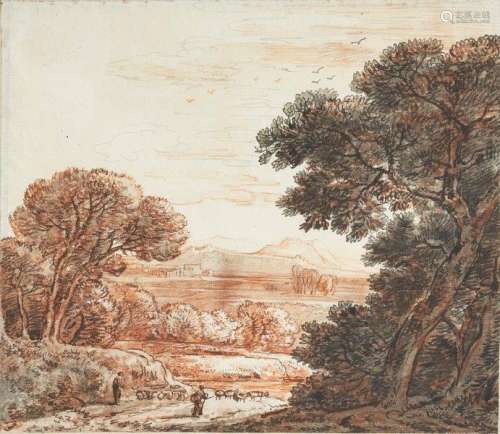 Manner of Claude de Lorrain, 18th century- Shepherd with sheep on a path with woodland and distant