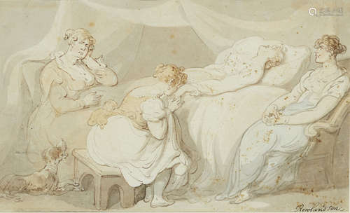 Thomas Rowlandson, British 1756-1827- On her death bed; pen and brown ink and watercolour, signed,