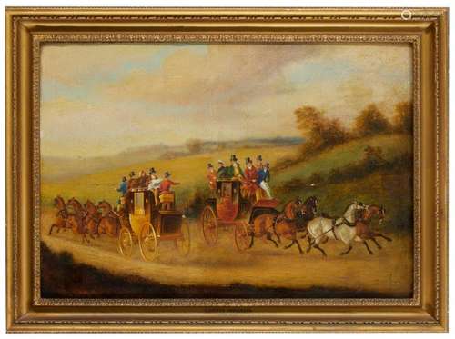 Attributed to Charles Cooper Henderson, British 1803-1877- Two coaches passing on a country road;