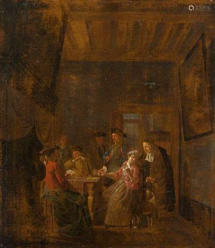 Maximilian Blommaert, Flemish act.1696- An elegant company playing cards; oil on canvas, signed