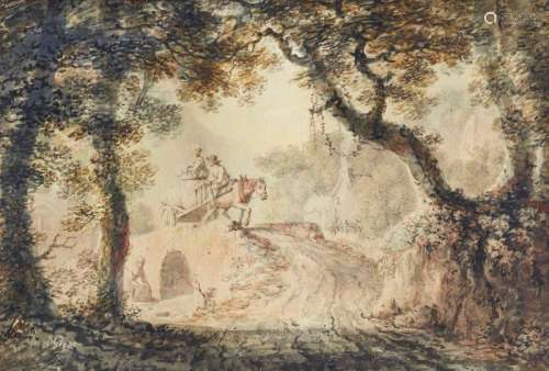 Nathaniel Grogan, Irish 1740-1807- Figures in a cart crossing a bridge; brush and grey black ink and