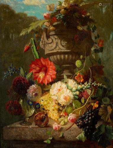 Jean-Baptiste Robie, Belgian 1821-1910- Flowers in an ornamental urn; oil on panel, signed, bears