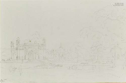 Attributed to William Daniell RA, British 1769-1837- Mughal temple and gardens; pencil on laid