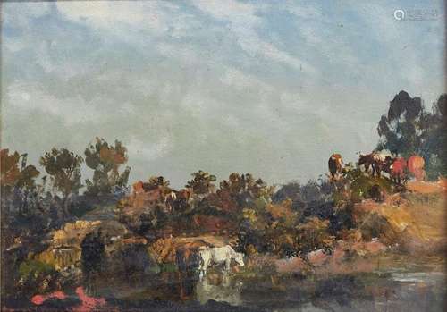 Attributed to William James Muller, British 1812-1845- Landscape with cows by a river; oil on