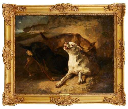 Joseph Urbain Melin, French 1814-1886- Chiens chassant le Blaireau; oil on canvas, signed and