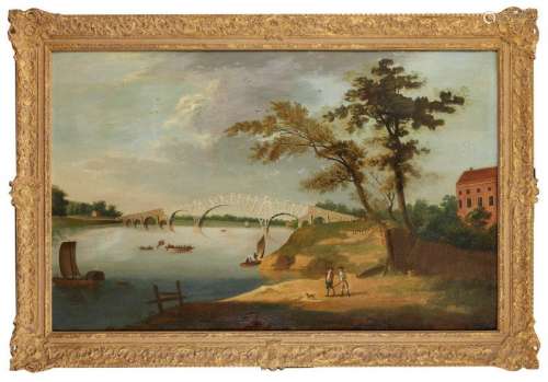 After Giovanni Antonio Canaletto, called Canaletto, Italian 1697-1768- Old Walton Bridge; oil on