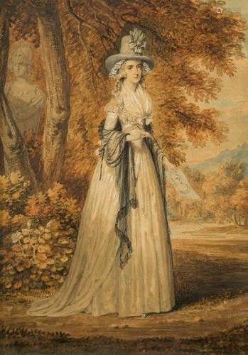 Edward Dayes, British 1763-1804- Portrait of a lady standing full-length in a parkland setting by