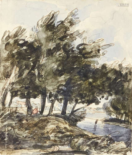 Follower of John Constable RA, British 1776-1837- River landscape with woodland; watercolour over