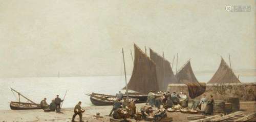 Alexander Young, Scottish 1865-1923- Boats in harbour, possible Fife; oil on canvas, signed and