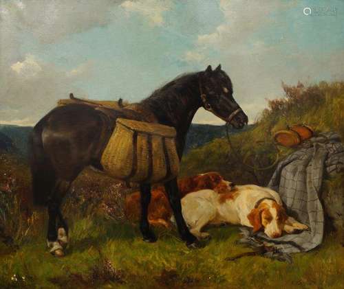 John Sargent Noble RBA, British 1848-1896- A gamekeeper's pony and resting setters; oil on canvas,