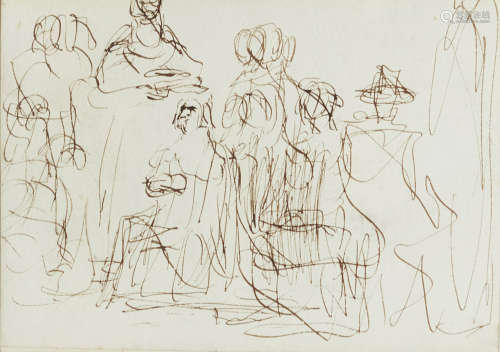 Sir David Wilkie RA, Scottish 1785-1841- Group figure study; pen and brown ink on paper, 12x16.5cm