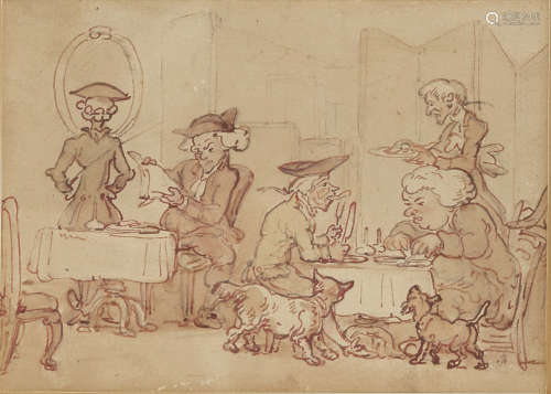 Attributed to Thomas Rowlandson, British 1756-1827- A Chop House; pen and red brown ink and wash
