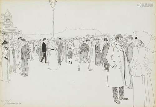 Phil May, British 1864-1903- Scarborough, 1894; pen and black ink, signed and dated, 26x37.5cmIn a