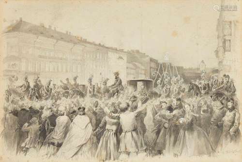 Franz Teichel, German b. 1861- ?- Procession of Alexander II; pencil, ink and wash, heightened