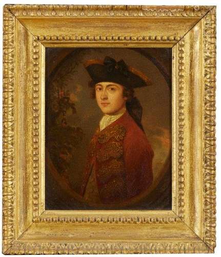 Circle of Arthur Devis, British 1712-1787- Portrait of a gentleman, standing half length, turned