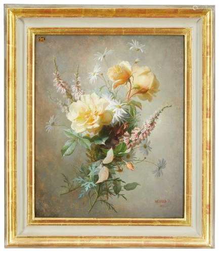 Jules-Ferdinand Médard, French 1855-1925- Roses and daisies; oil on board, signed and dated 1875,