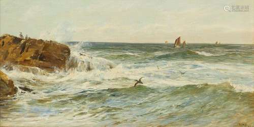 William Henry Borrow, British 1840-1908- Coastal scene with fishing boats in the distance; oil on