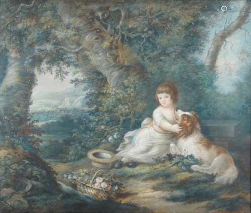 British School, late 18th century- A young girl with a collie dog and a basket in a glade with a
