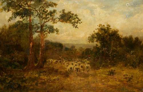 David Cox Snr OWS, British 1783-1859- Sheep on a moorland path with woodland; oil on canvas,