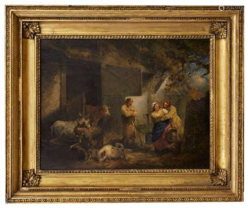 George Morland, British 1763-1804- Figures outside their cottage in a wooded landscape; oil on