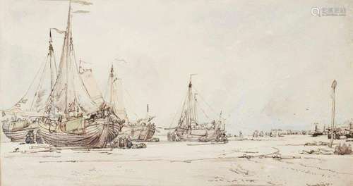 James Webb, British 1825-1895- Beached fishing vessels; pen and brown black ink and watercolour,