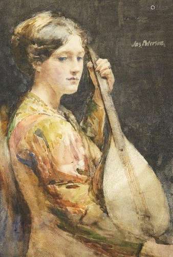 James Paterson, Scottish 1854-1932- The lute player; watercolour and pencil, signed, bears labels to