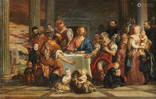 After Paolo Veronese, Italian 1528-1588- Supper at Emmaus; oil on canvas, bears inscription, 27x42cm