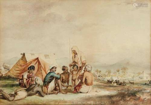 British School, mid 19th century- Indian family in camp of the 24th regiment; watercolour, inscribed