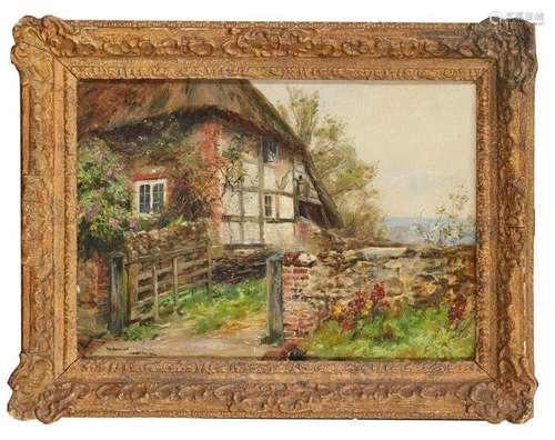 Frank Moss Bennett, British 1874-1952- Cottage at Amberley; oil on canvas board, signed, inscribed