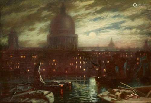 Wilson, British, mid-late 19th century- View of St Paul's and the Thames under moonlit skies; oil on