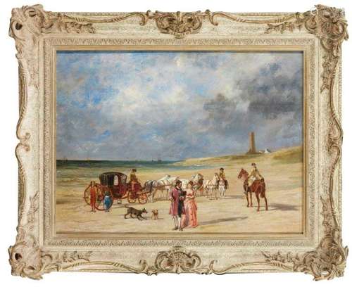 John Lewis-Brown, French 1829-1890- Attelage sur la plage, 1872; oil on panel, signed and dated,