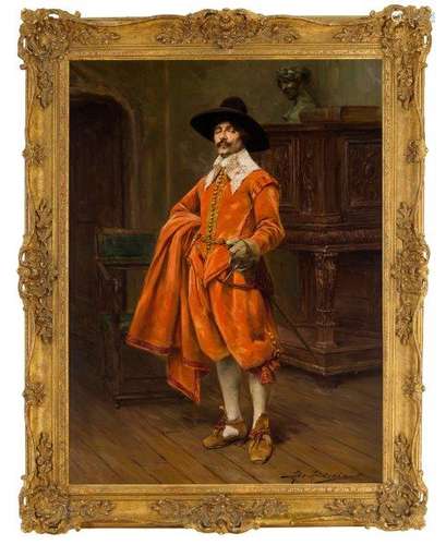 Alex de Andreis, British 1871-1939- Portrait of a cavalier standing full-length in an interior;