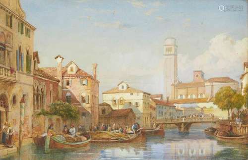 Circle of Myles Birket Foster RWS, British 1825-1899- Venetian canal scene with the Basilica dei