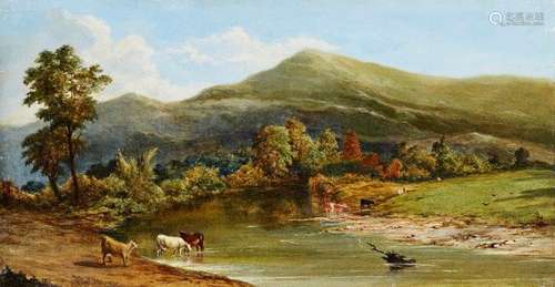 Sidney Richard Percy, British 1823-1886- Cattle watering in a river with woodland and mountains