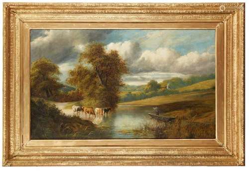 George Wells, British act. 1842-1888- Punter on a lake with cattle watering in a wooded landscape