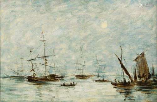 Circle to Eugene Boudin, French 1824-1898- Boats moored in a harbour; oil on canvas, 26x39cmPlease