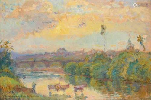 M Bonhomme, French, mid/late 19th century- Cattle in a river, with a chateau in the distance; oil on