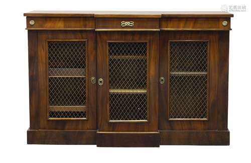 A mahogany breakfront credenza, 19th Century and later, with three open brass lattice work panel