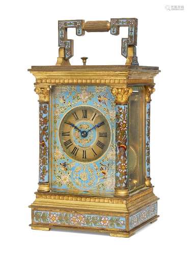 A French enamelled cloisonné repeating carriage clock, late 19th century, the case of