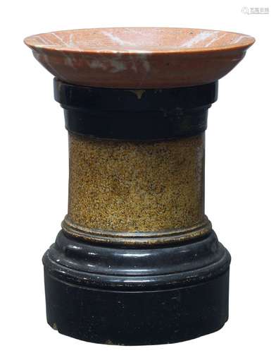 A cylindrical pottery pedestal, 19th century, with black capitals, the shaft decorated to imitate