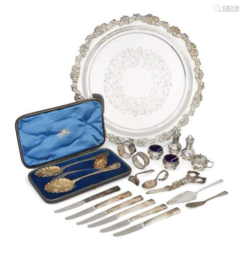 A group of items including: a cased set of silver cruets, Birmingham, c.1924, Ernest Druiff & Co., a