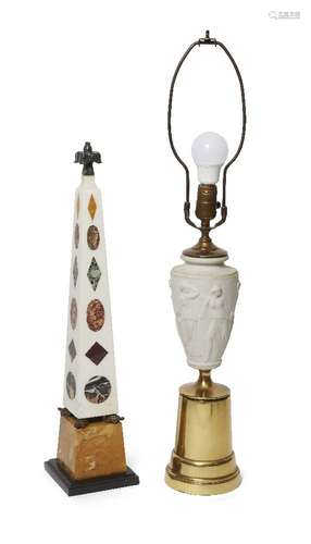 A Grand Tour type white marble obelisk, 20th century, with foliate bronze finial, inset with