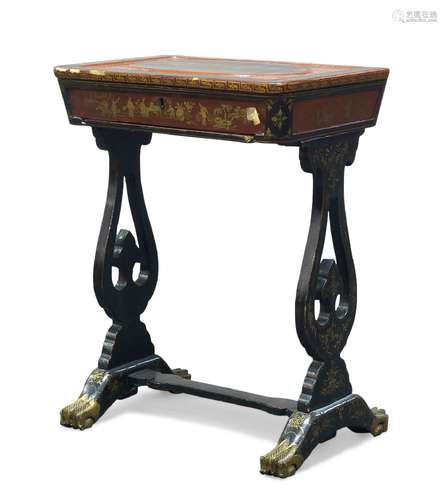 A Chinoiserie black and red lacquer side table, 19th Century, overall decorated with figural