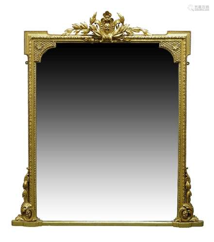 A Victorian gilt and gesso overmantle mirror, with central cabochon cresting, flanked by laurel