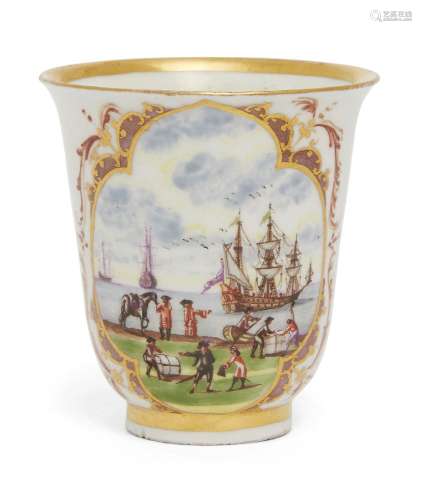 An early Meissen tall beaker, 18th century, with a gilt line to the slightly everted rim,