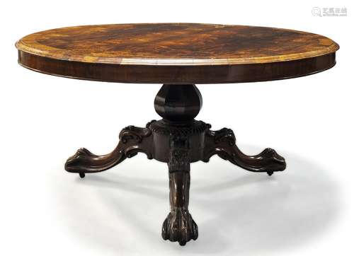 A Victorian rosewood breakfast table, the circular and brass inlaid tilt top, on central baluster