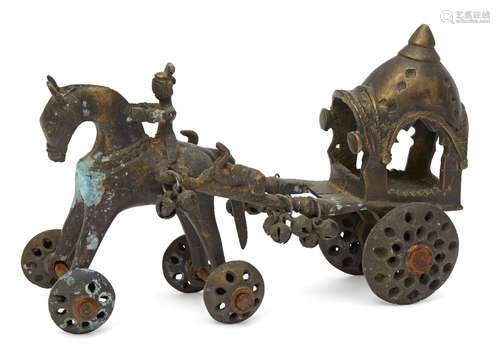 A Tribal bronze model of a horse and cart, 20th century, the cart with a domed cover, on pierced