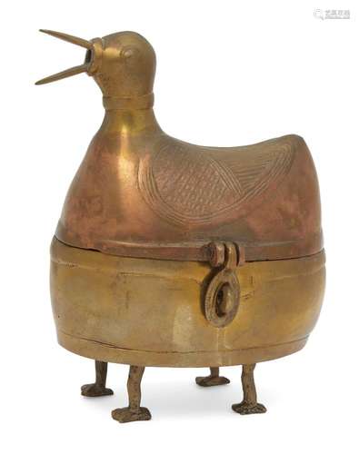 An Indian betel nut box, 20th century, moulded in the form of a bird, on four feet, 23cm