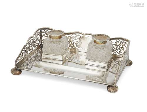 A pierced silver inkstand with squared cut glass inkwells, Birmingham, c.1906, S. Glass, the