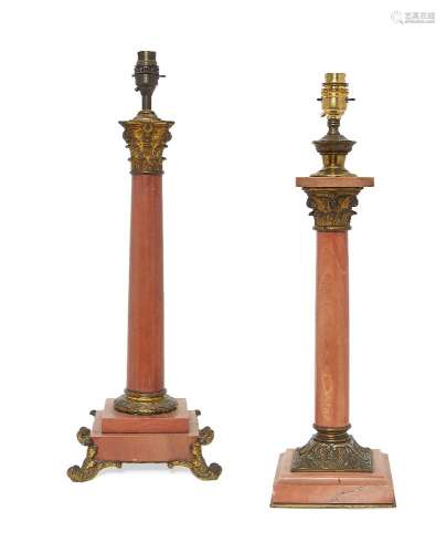 A Continental gilt metal and pink marble oil lamp base, converted to a lamp, 19th century, with